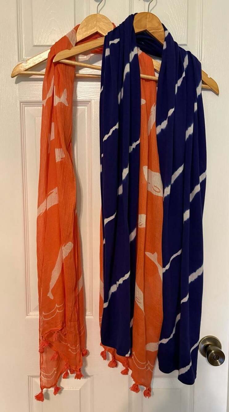 EUC 2 scarves Halston Heritage Tie Dye Scarf H Buckle & coral whale w/ fringe